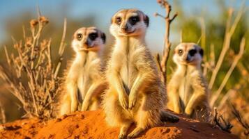 AI generated Curious meerkats stand alert on their hind legs, diligently watching for any signs of danger. photo