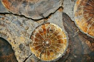 AI generated Fossilized ammonite texture background. Prehistoric and geological surface photo