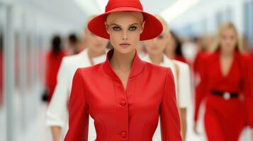 AI generated A woman in a red suit and hat gracefully walks down the catwalk, exuding confidence and elegance. Generative AI photo