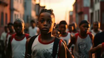 AI generated A young boy stands in front of a group of people, symbolizing his return home from school. Generative AI photo