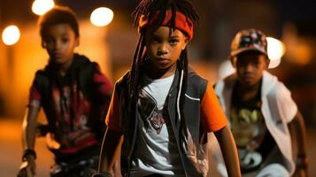 AI generated Three young boys with dreadlocks walking down the street at night, showcasing their unique style and confidence. Generative AI photo