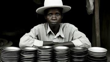 ai generado un hombre en un sombrero sentado detrás pilas de platos. generativo ai foto