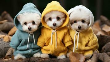 ai generado Tres pequeño perros vistiendo sudaderas con capucha, mirando adorable y elegante en su acogedor trajes generativo ai foto