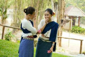 de cerca un hermosa tailandés joven dama mercancía tailandés del Norte tradicional vestir chateando y burlas cada otro en borroso antecedentes. foto
