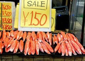 Closeup crab sticks and king crab legs meat with price tag in Japanese yen, sell in  Kuromon market, Osaka, Japan. photo