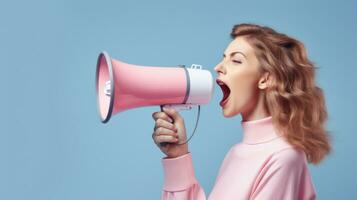 AI generated Woman Shouting Through Pink Megaphone. photo