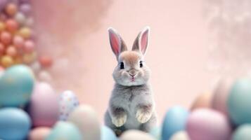 AI generated Adorable Bunny Among Pastel Easter Eggs Festive Spring. photo
