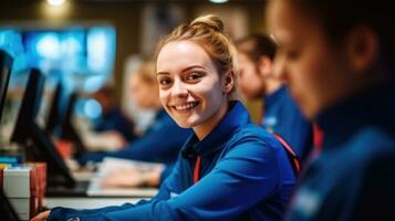 AI generated Friendly Cashier Smiling at Checkout Desk in Store. photo