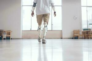 AI generated Man Walking Confidently with Advanced Prosthetic Leg Technology. photo