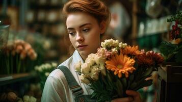 AI generated Radiant Florist Arranging Fresh Flowers in Cozy Workshop photo