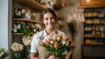 ai generado radiante florista arreglando Fresco flores en acogedor taller foto