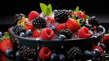 AI generated Fresh Mixed Berries in a Rustic Bowl on Dark Background photo