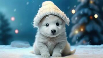 AI generated Adorable Puppy in Snow with Festive Christmas Tree Lights photo