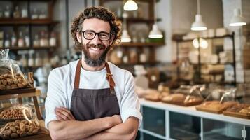 AI generated Confident Baker Smiles Beside Freshly Baked Artisanal Bread photo