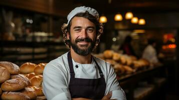 AI generated Confident Baker Smiles Beside Freshly Baked Artisanal Bread photo