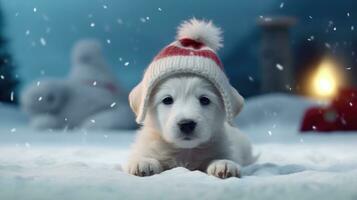 ai generado adorable perrito en nieve con festivo Navidad árbol luces foto