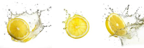 AI generated Set of lemons with juice splashes isolated photo
