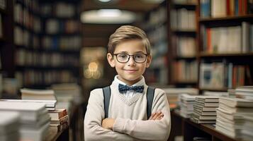 ai generado 10 año antiguo chico estudiante estar con brazo doblada con Gafas de sol en un librería entre el estantería con libros. espalda a colegio concepto. foto