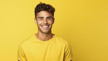 ai generado un hermoso joven gay hombre poses solo en contra un amarillo antecedentes para publicidad. foto