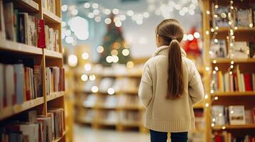 AI generated 10 year old girl student in a light sweater stands in a bookstore among the shelves with books. Back to school concept. photo