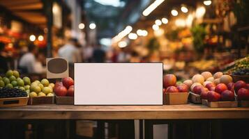 ai generado generativo ai, póster o letrero burlarse de arriba para logo diseño, marca presentación en borroso comida mercado antecedentes foto