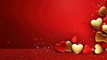 AI generated Golden confetti and pink hearts on a red background, copy space. Background of Valentines day concept. photo