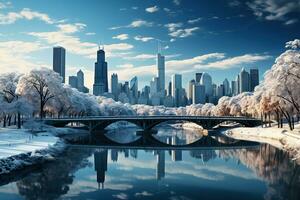 AI generated Winter Chicago city skyline, urban winter wonderland, Snow-covered trees in city parks photo