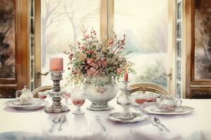 ai generado acuarela pintura de un fiesta comida mesa conjunto con Clásico porcelana, rodeado por invierno follaje, antiguo estilo Navidad centros de mesa foto