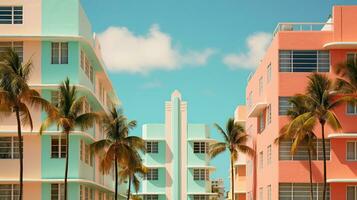 ai generado generativo ai, surrealista Miami ciudad con deco retro edificios, rosado y azul colores, verano vibraciones foto