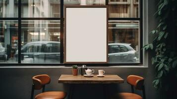 ai generado generativo ai, café tienda calle póster o letrero burlarse de arriba para logo diseño, marca presentación, estético apagado neutral colores, en el pared al aire libre foto