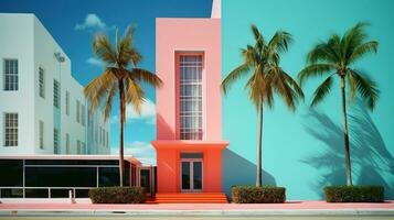 ai generado generativo ai, surrealista Miami ciudad con deco retro edificios, rosado y azul colores, verano vibraciones foto