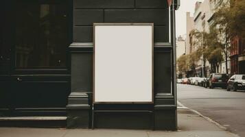 ai generado generativo ai, café tienda calle póster o letrero burlarse de arriba para logo diseño, marca presentación, estético apagado neutral colores, en el pared al aire libre foto