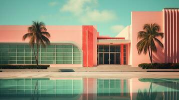 ai generado generativo ai, surrealista Miami ciudad con deco retro edificios, rosado y azul colores, verano vibraciones foto