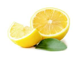 Fresh yellow lemon half with quarter and leaves isolated on white background with clipping path photo