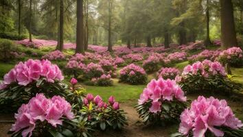 AI generated a field of pink flowers in the middle of a forest photo