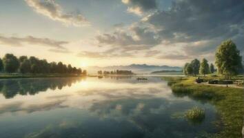 ai generado pacífico amanecer paisaje con reflexión en lago, árboles, y cielo foto