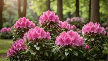 ai generado un campo de rosado flores en el medio de un bosque foto