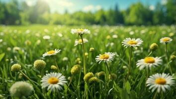 AI generated Yellow daisy in green field under blue sky, close-up photo