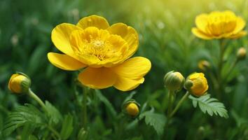 ai generado vibrante amarillo flores en un verde jardín con luz de sol foto