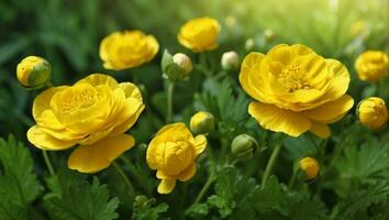 ai generado vibrante amarillo flores en un verde jardín con luz de sol foto