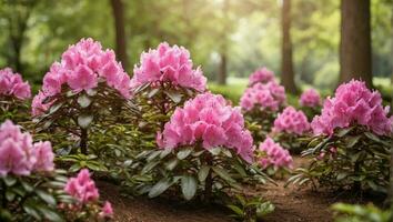 ai generado un campo de rosado flores en el medio de un bosque foto