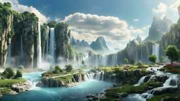 AI generated Panoramic Landscape with a Beautiful Waterfall in a Scenic Nature Environment photo