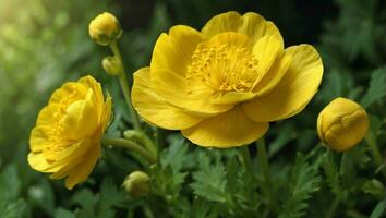 ai generado vibrante amarillo flores en un verde jardín con luz de sol foto