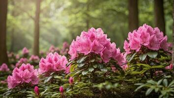 ai generado un campo de rosado flores en el medio de un bosque foto