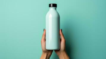 AI generated Woman hands holding reusable water flask ai generated bottle mockup photo