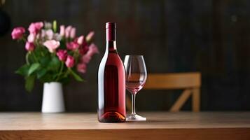 AI generated Wine bottle rose with glass on table ai generated mockup photo