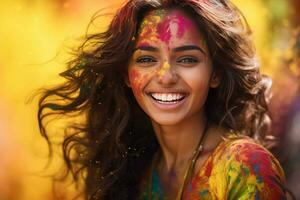 AI generated Portrait of a young woman at the Holi festival, expressing joy. AI generative. photo