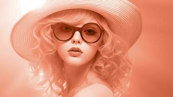 AI generated Woman wearing a straw hat and sunglasses, color of the year 2024. AI generated. photo