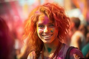 AI Generated Portrait of a young woman at the Holi festival, expressing joy. AI generative. photo