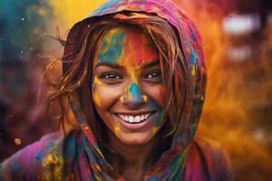 AI generated Portrait of a young woman at the Holi festival, expressing joy. AI generative. photo